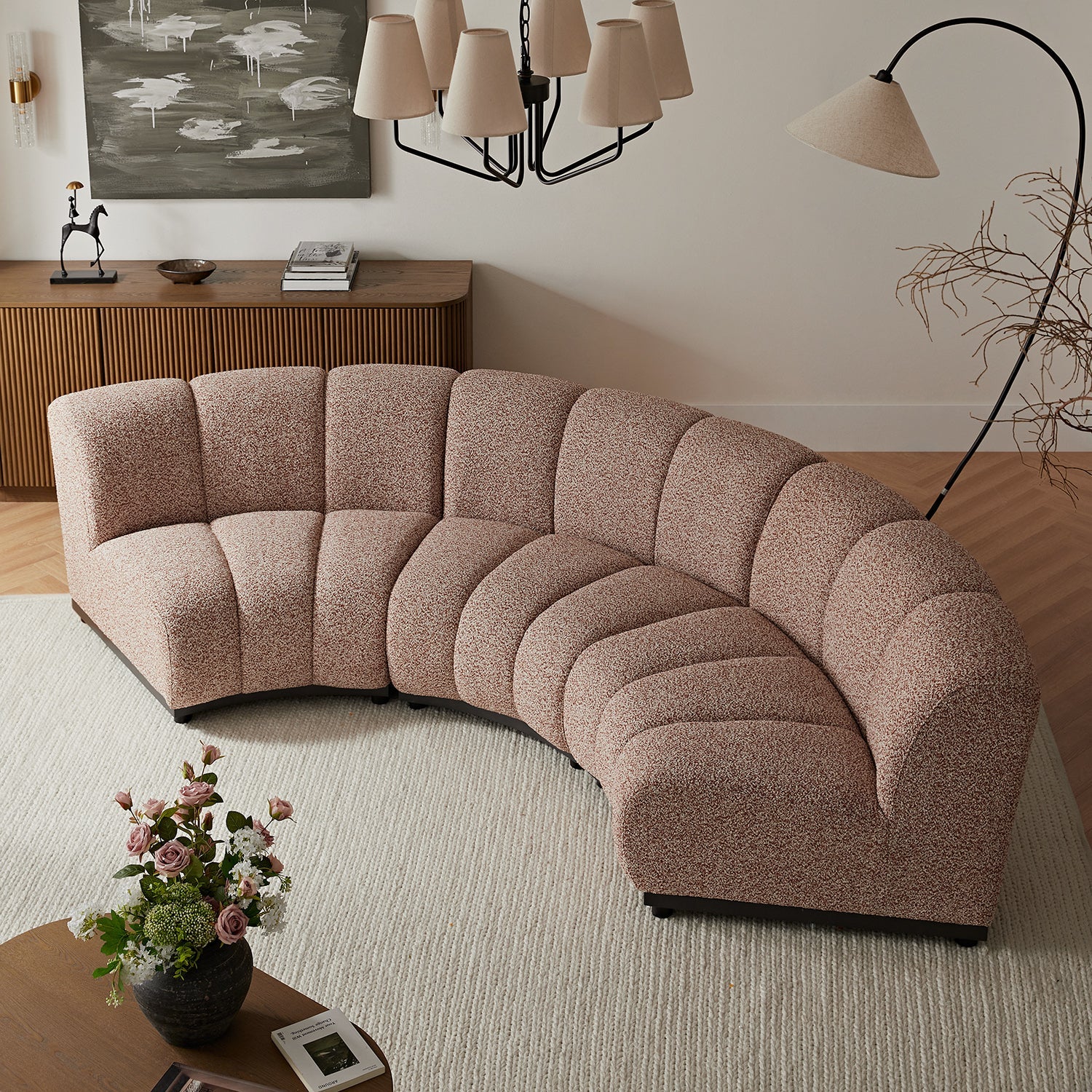 Granvia Musk Blush Boucle Modular Sofa, 3-Seater Curved Sofa