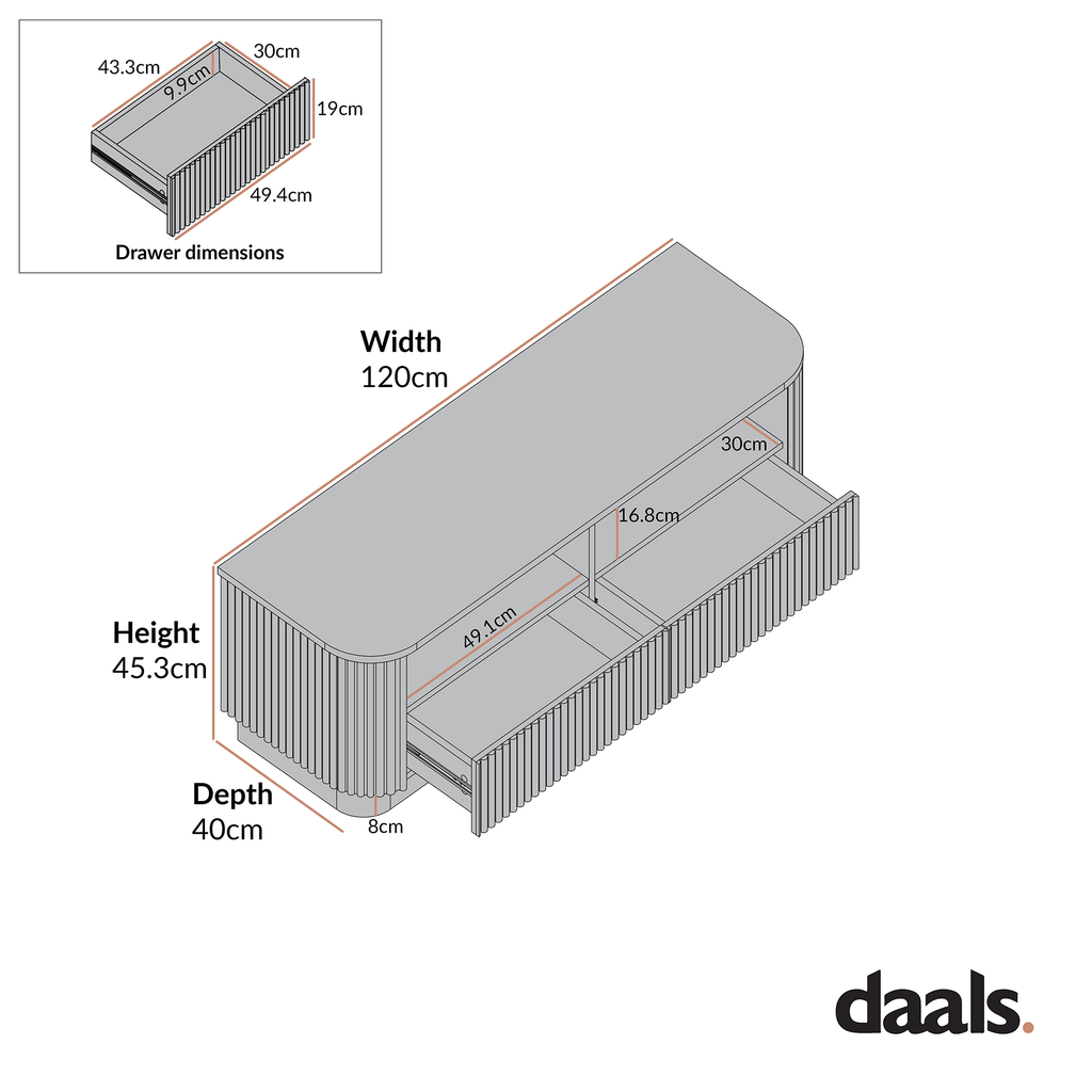 Maru 120cm TV Unit with Drawers, Washed White