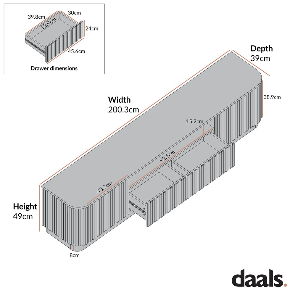 Maru 200cm Wide TV Unit with Drawers, Silver Oak