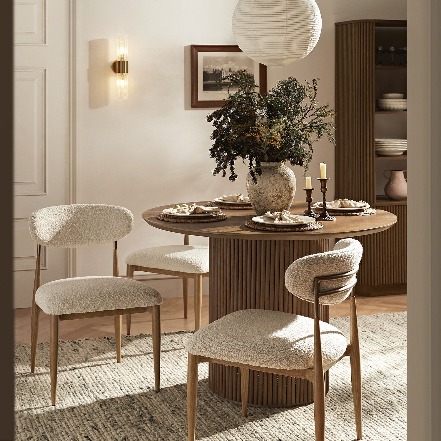 Dagmar Set of 2 Dining Chairs, Ecru Boucle | Natural Frame