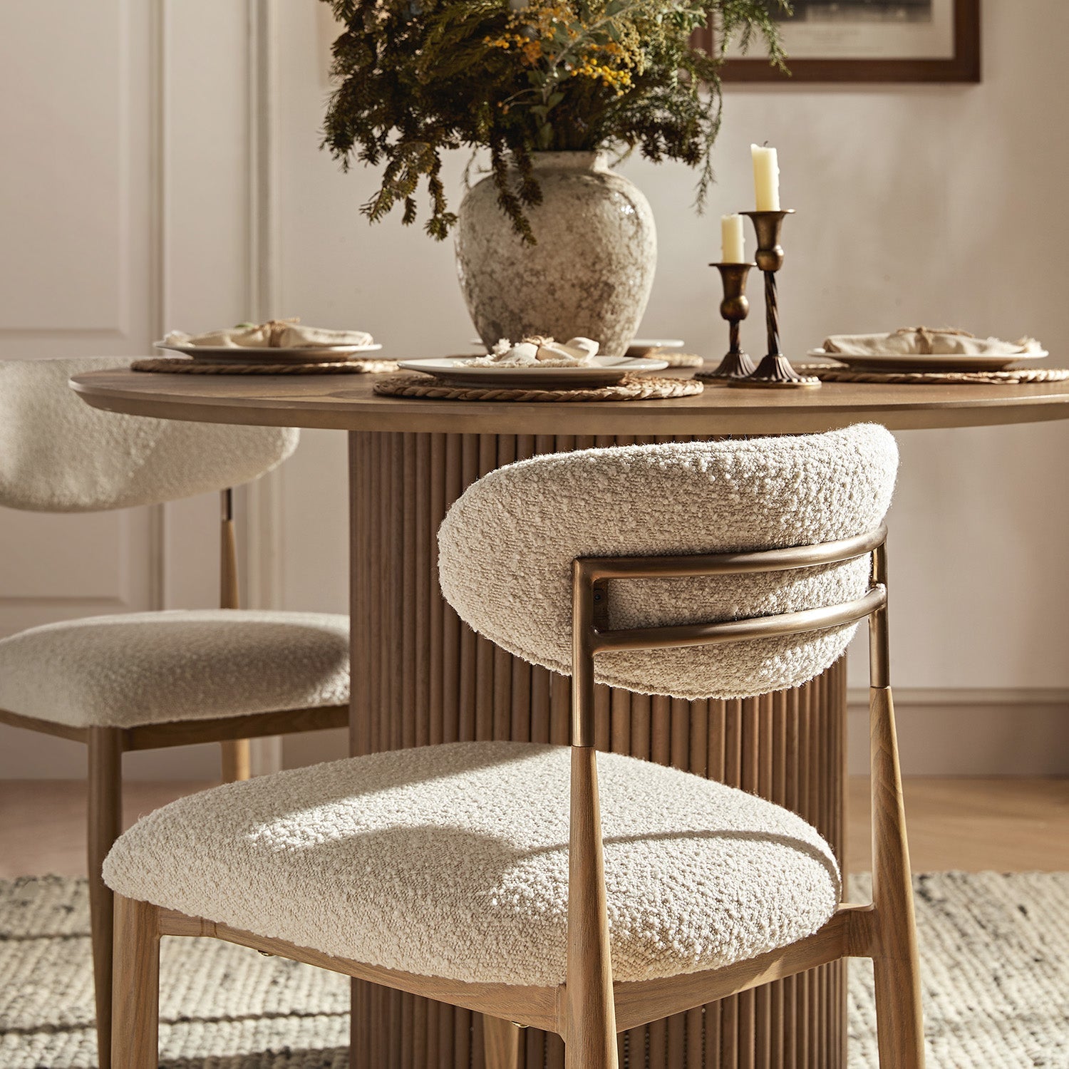 Dagmar Set of 2 Dining Chairs, Ecru Boucle | Natural Frame