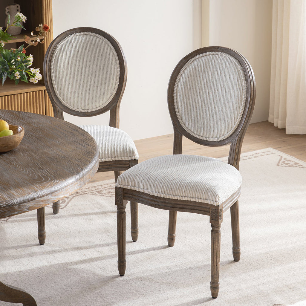 Lainston Set of 2 Classic Weathered Oak Dining Chairs, Beige Textured Fabric