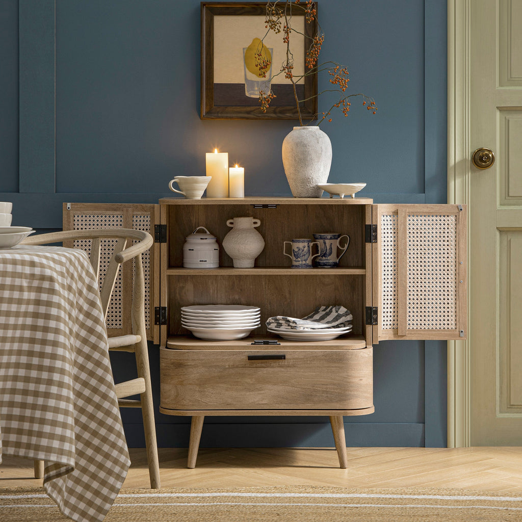 Izzy Curved Rattan 1-Drawer Small Sideboard, Natural