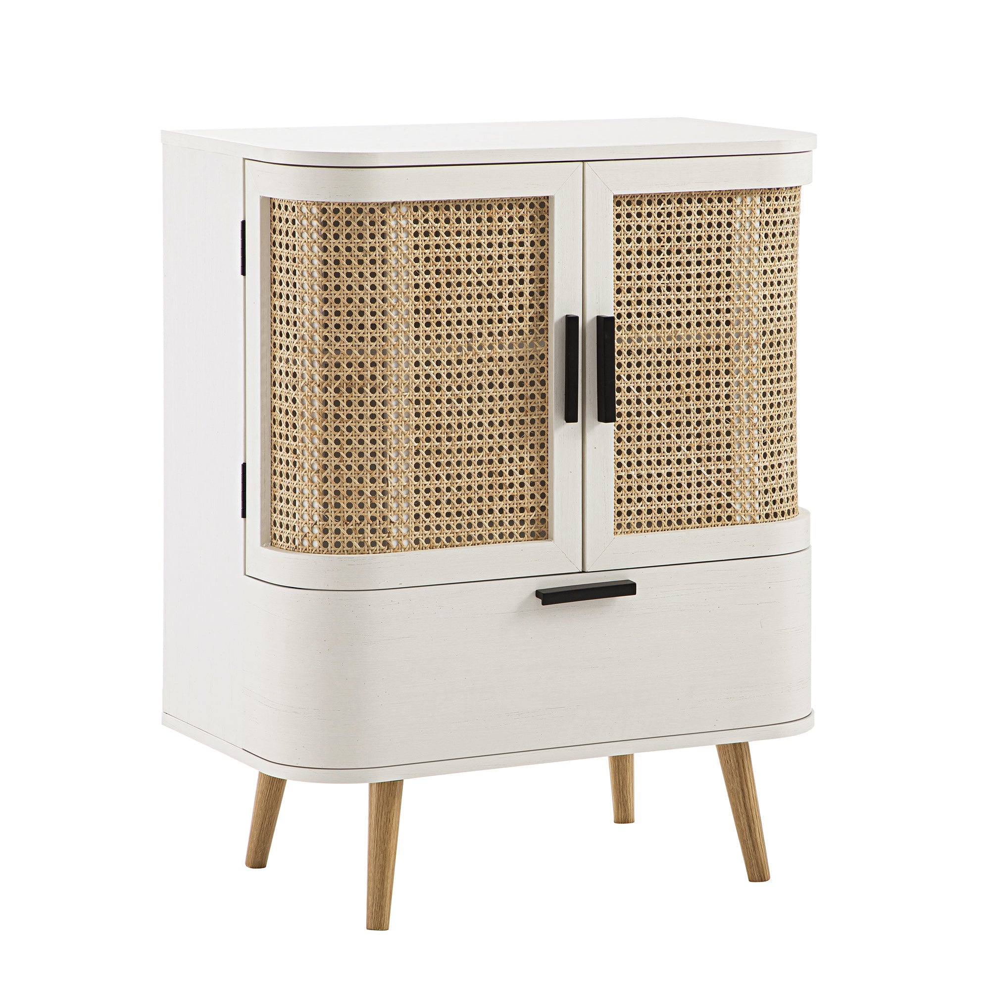 Izzy Curved Rattan 1-Drawer Small Sideboard, White