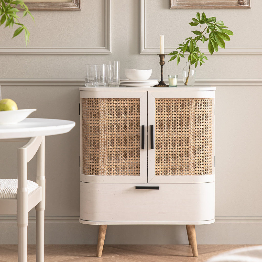 Izzy Curved Rattan 1-Drawer Small Sideboard, White