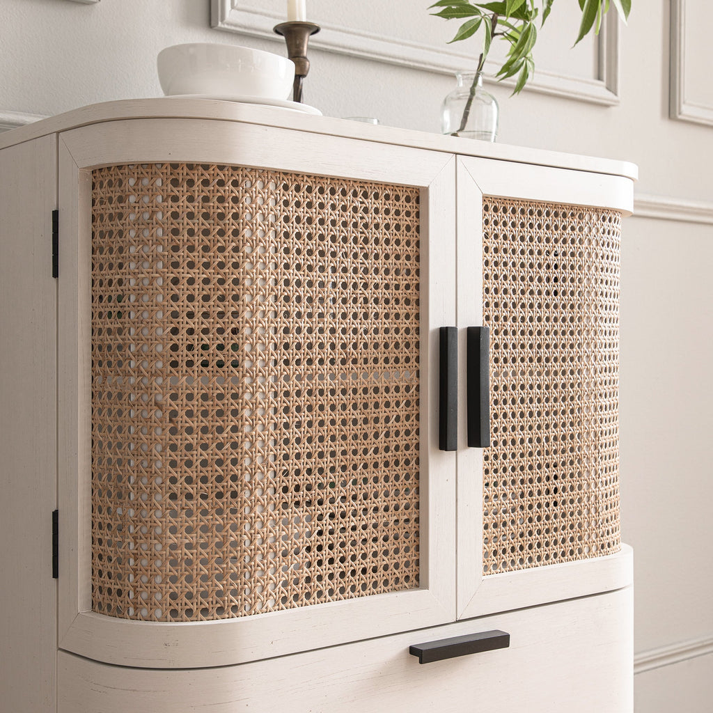 Izzy Curved Rattan 1-Drawer Small Sideboard, White