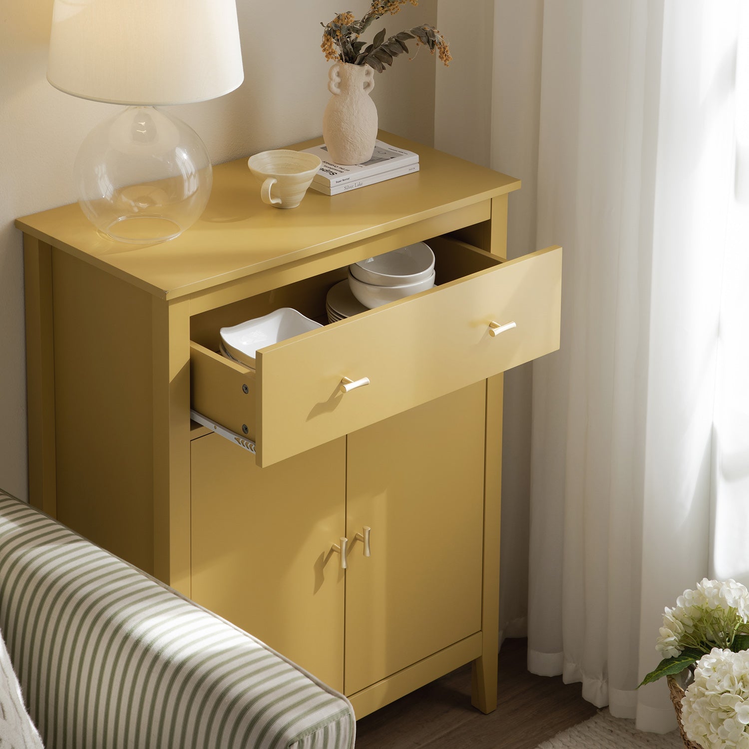 Oakham Small Sideboard with Drawer, Rattan Yellow