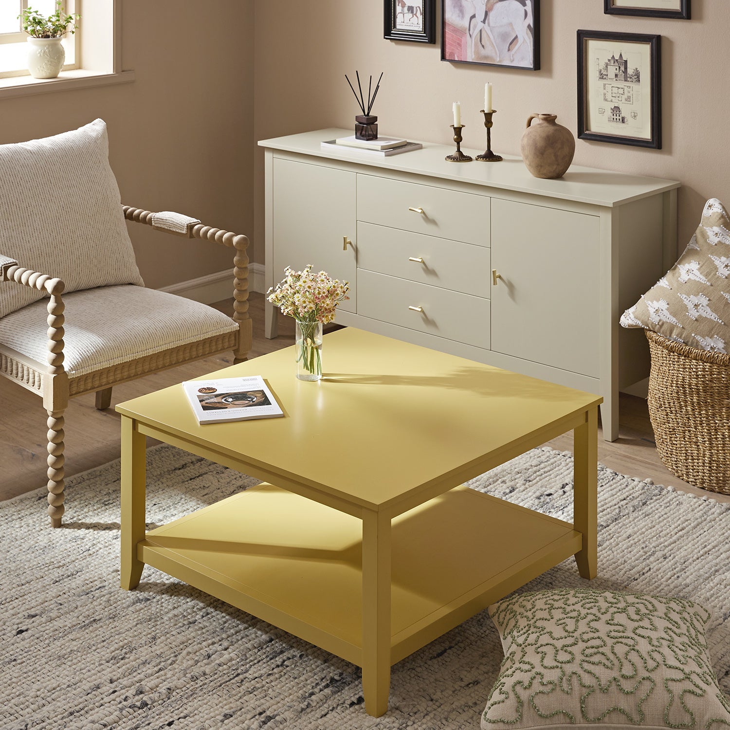 Oakham 80cm Square Coffee Table, Rattan Yellow