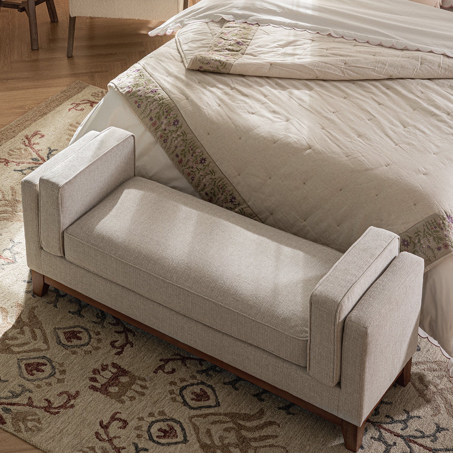 Dipley Oatmeal Woven Fabric Upholstered Bench