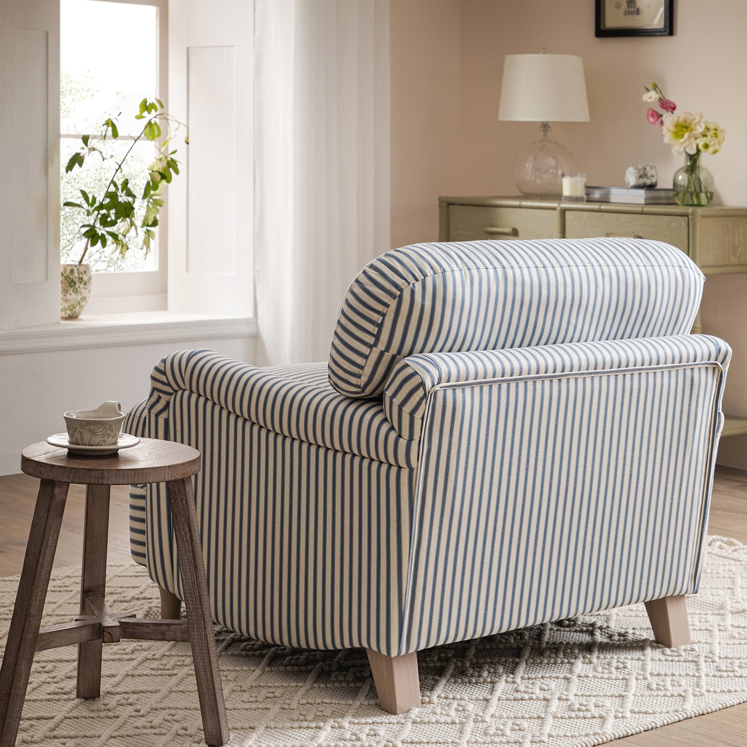 Daphnis Blue Striped Linen Blend Sofa, 1-Seater