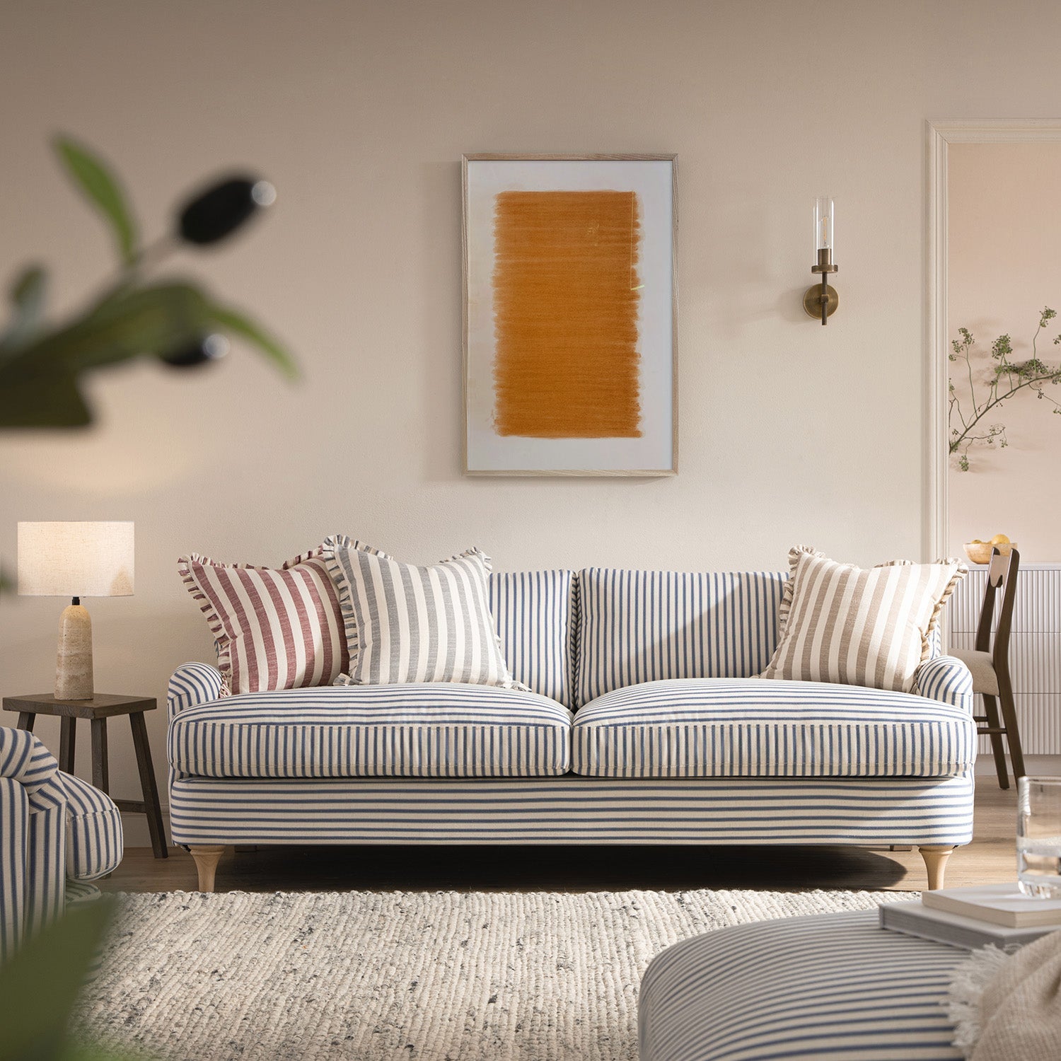 Daphnis Blue Striped Linen Blend Sofa, 3-Seater