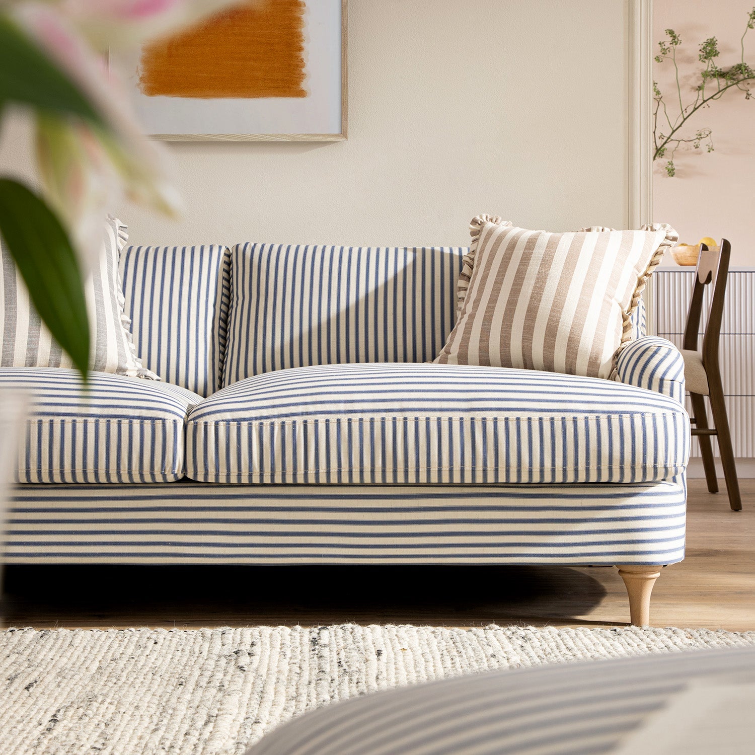 Daphnis Blue Striped Linen Blend Sofa, 3-Seater
