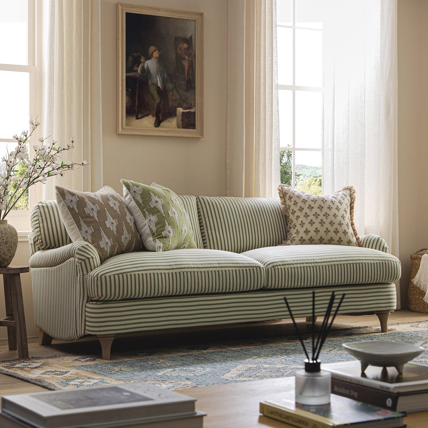 Daphnis Green Striped Linen Blend Sofa, 3-Seater