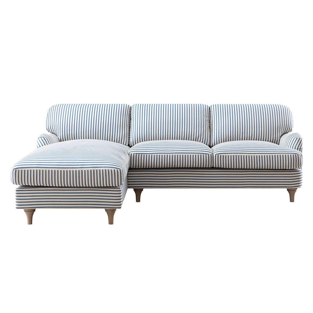 Daphnis Blue Striped Linen Blend Sofa, Grande Chaise Sofa Left Hand Facing