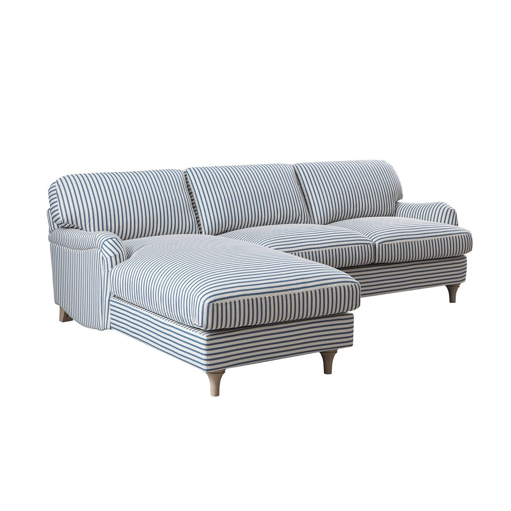 Daphnis Blue Striped Linen Blend Sofa, Grande Chaise Sofa Left Hand Facing