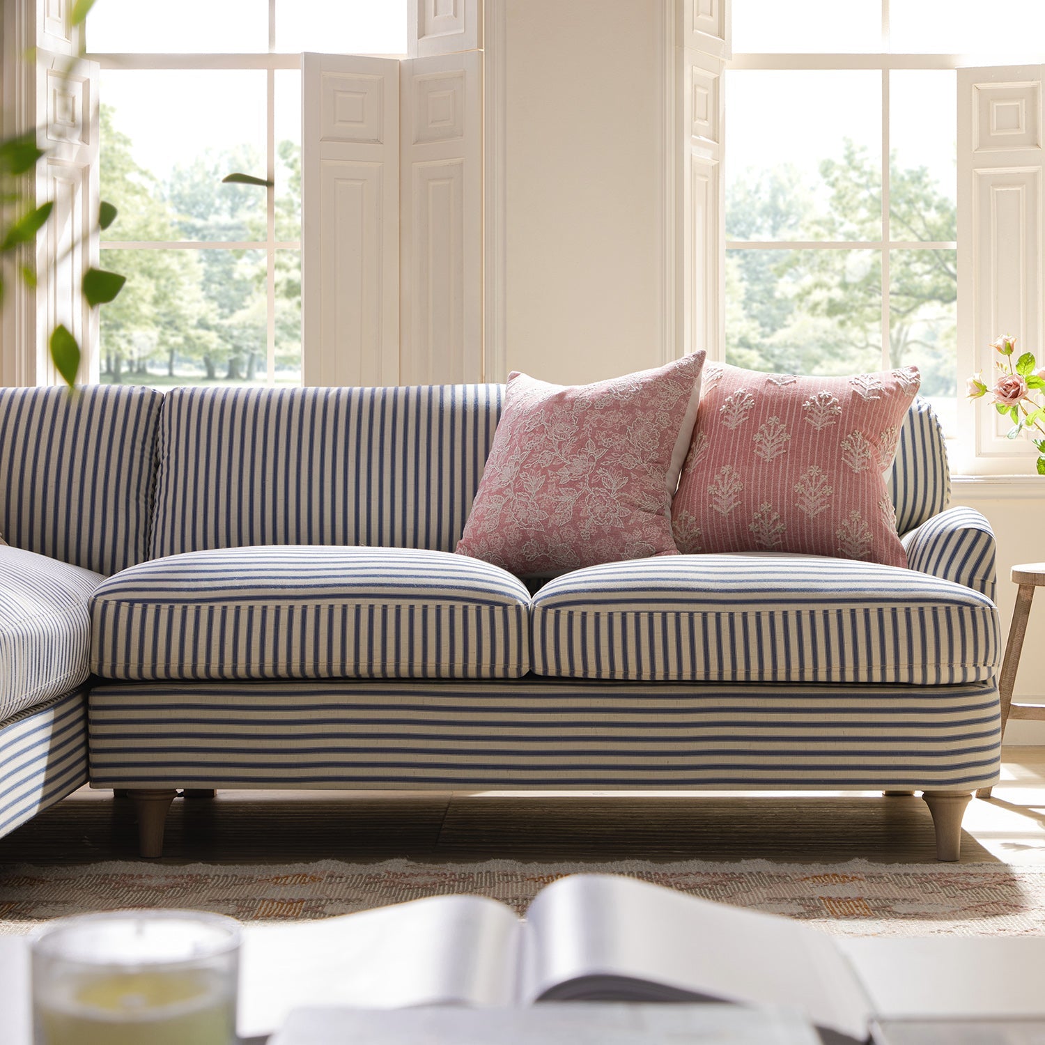 Daphnis Blue Striped Linen Blend Sofa, Grande Chaise Sofa Left Hand Facing