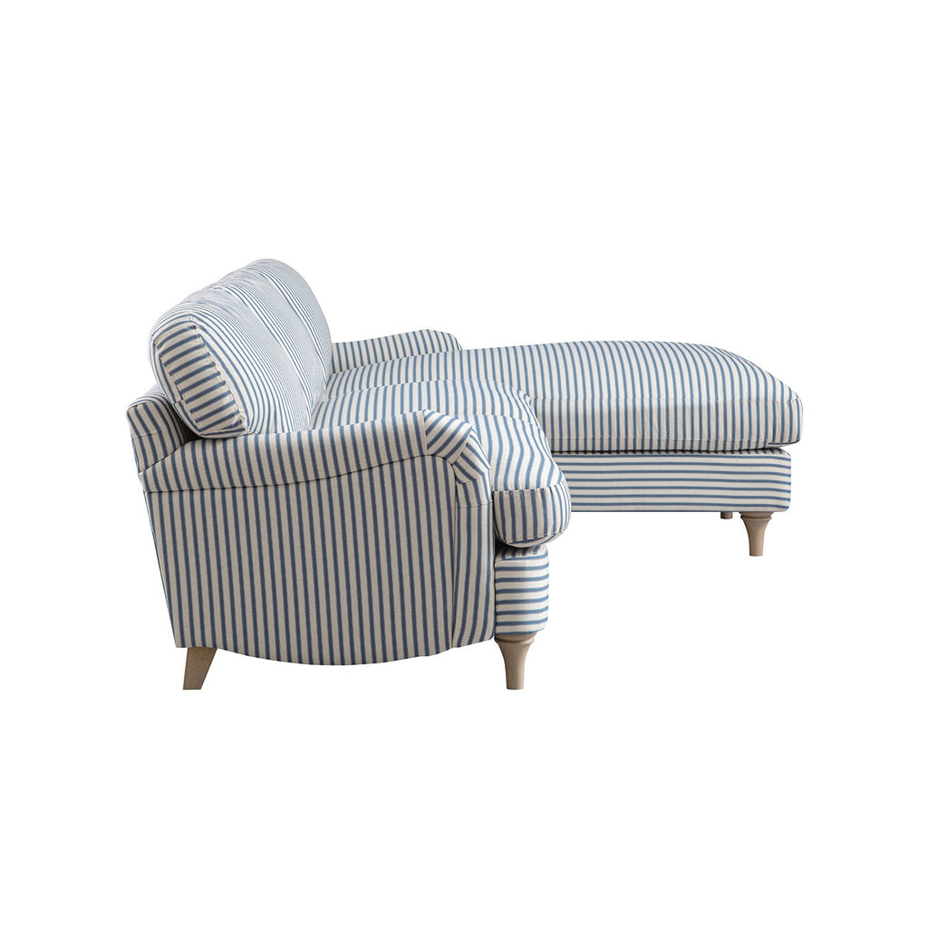 Daphnis Blue Striped Linen Blend Sofa, Grande Chaise Sofa Right Hand Facing