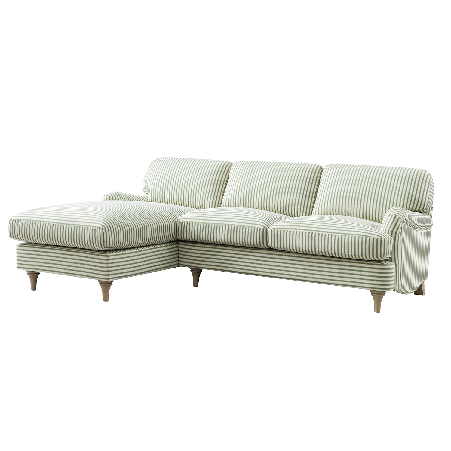 Daphnis Green Striped Linen Blend Sofa, Grande Chaise Sofa Left Hand Facing