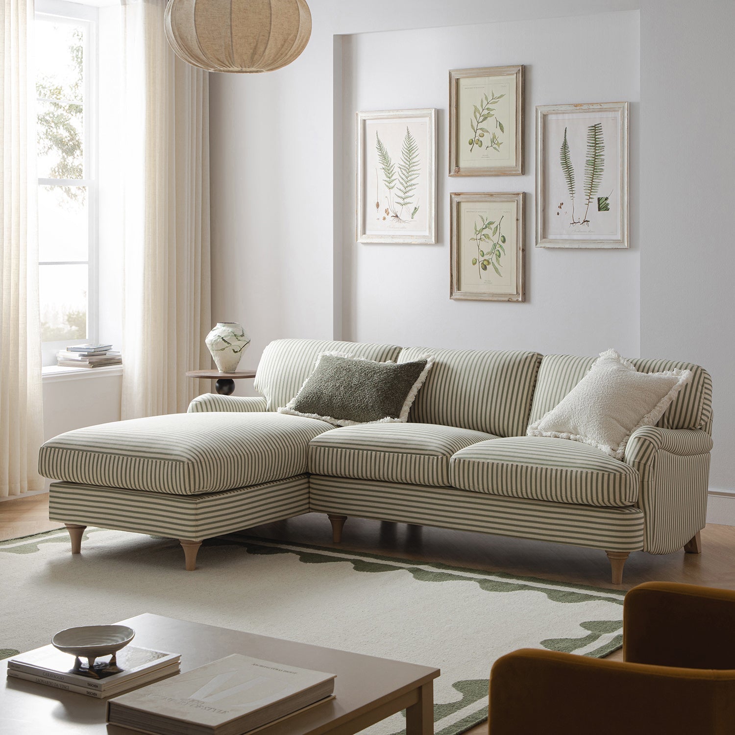 Daphnis Green Striped Linen Blend Sofa, Grande Chaise Sofa Left Hand Facing