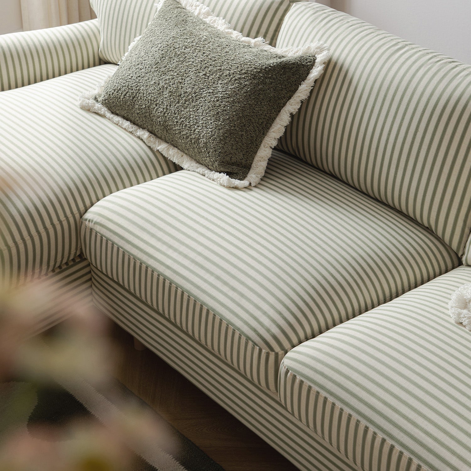 Daphnis Green Striped Linen Blend Sofa, Grande Chaise Sofa Left Hand Facing