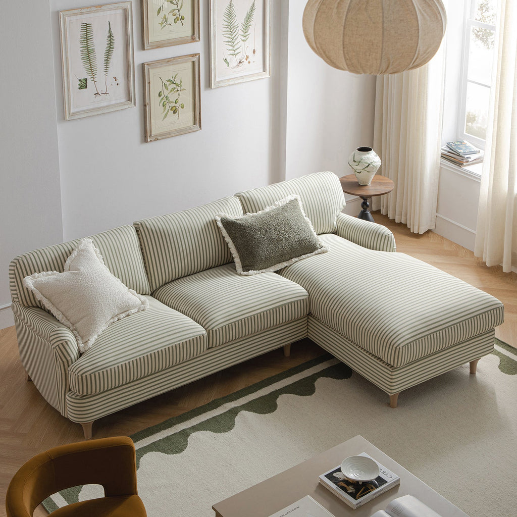 Daphnis Green Striped Linen Blend Sofa, Grande Chaise Sofa Right Hand Facing