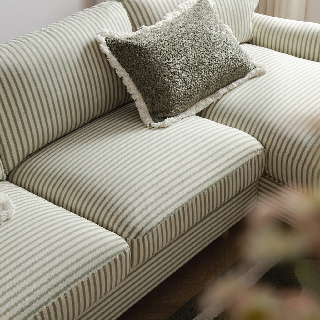 Daphnis Green Striped Linen Blend Sofa, Grande Chaise Sofa Right Hand Facing