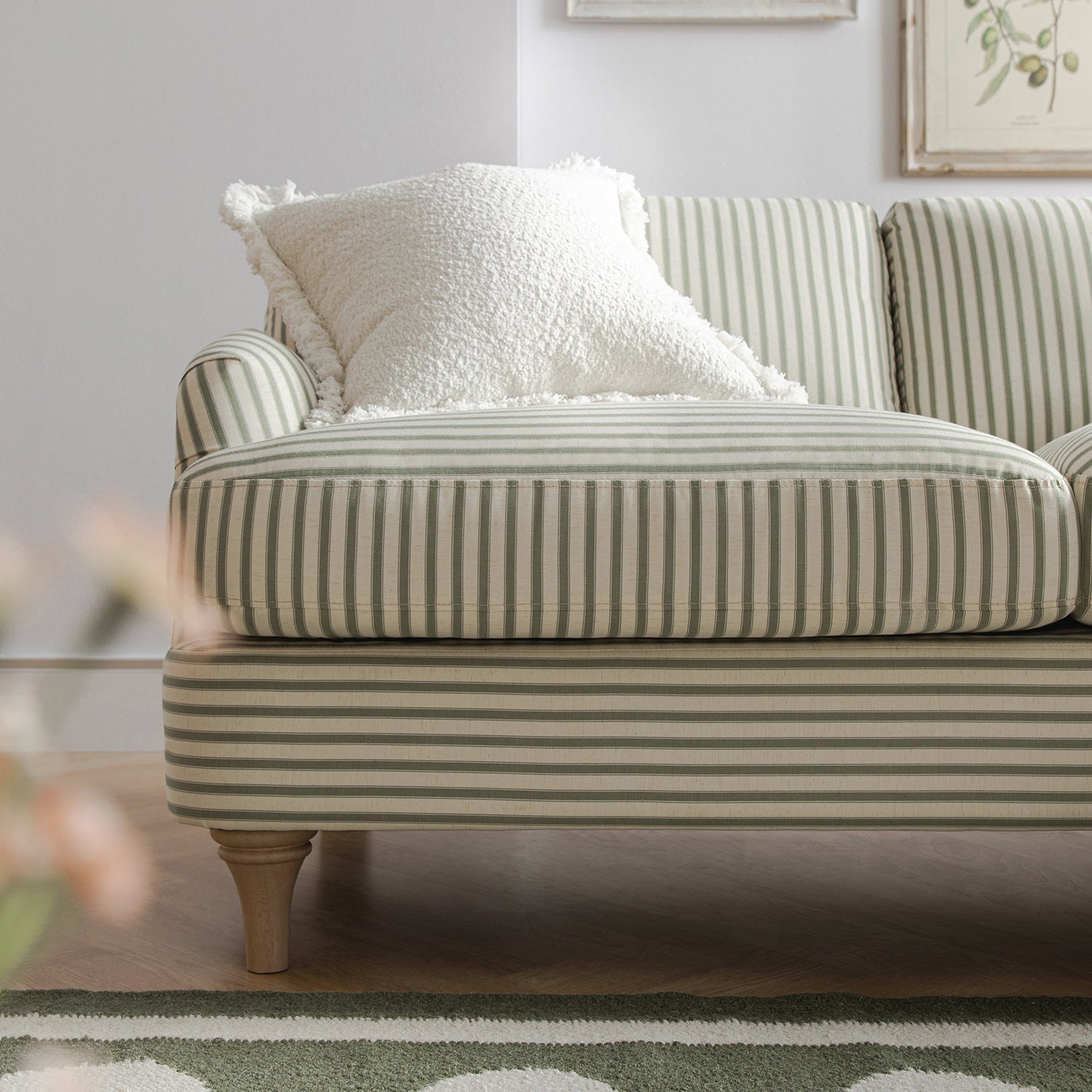 Daphnis Green Striped Linen Blend Sofa, Grande Chaise Sofa Right Hand Facing