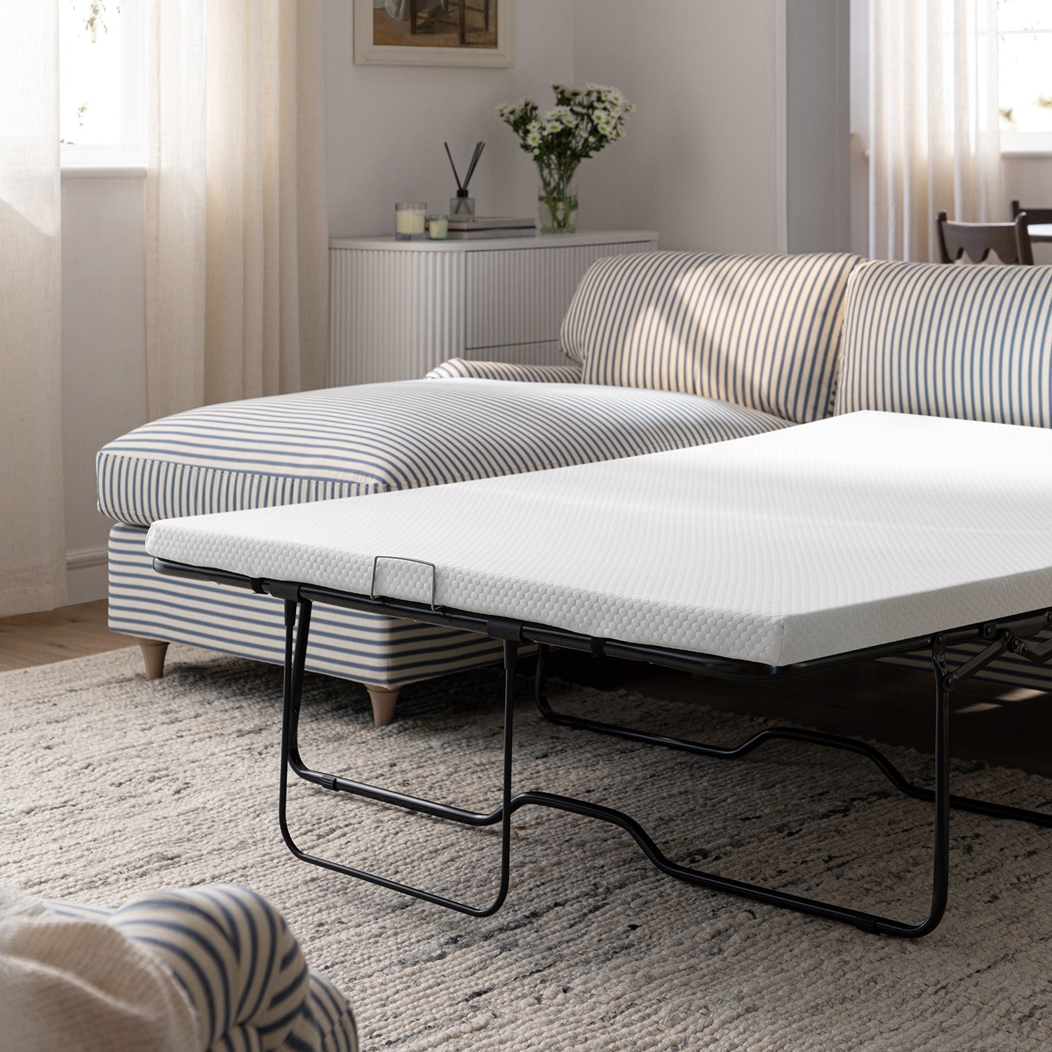 Daphnis Blue Striped Linen Blend Sofa Bed, Grande Chaise Left Hand Facing