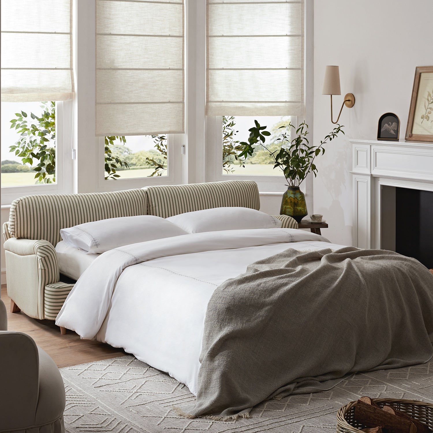 Daphnis Green Striped Linen Blend Sofa Bed, Large 3-Seater