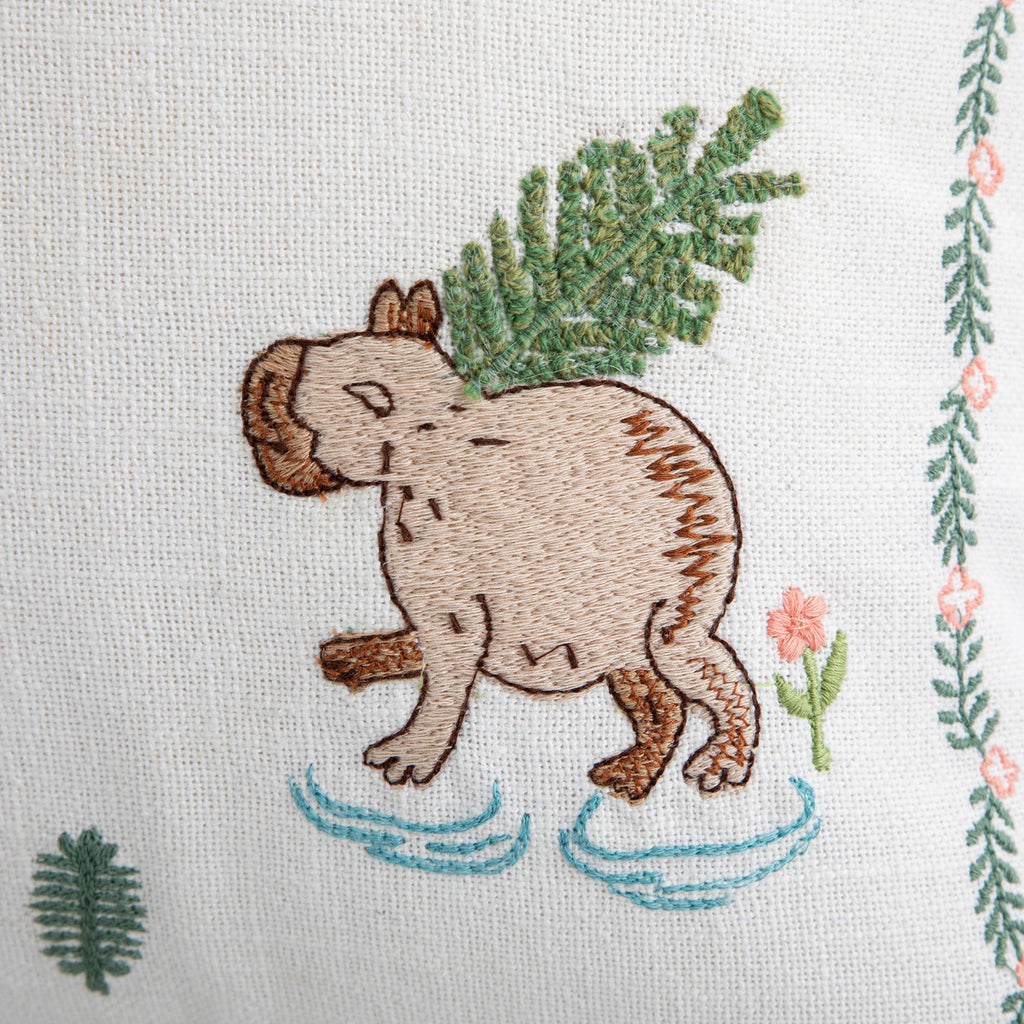Whimsical Animals Capybaras and Yuzu Hand Embroidered Cushion