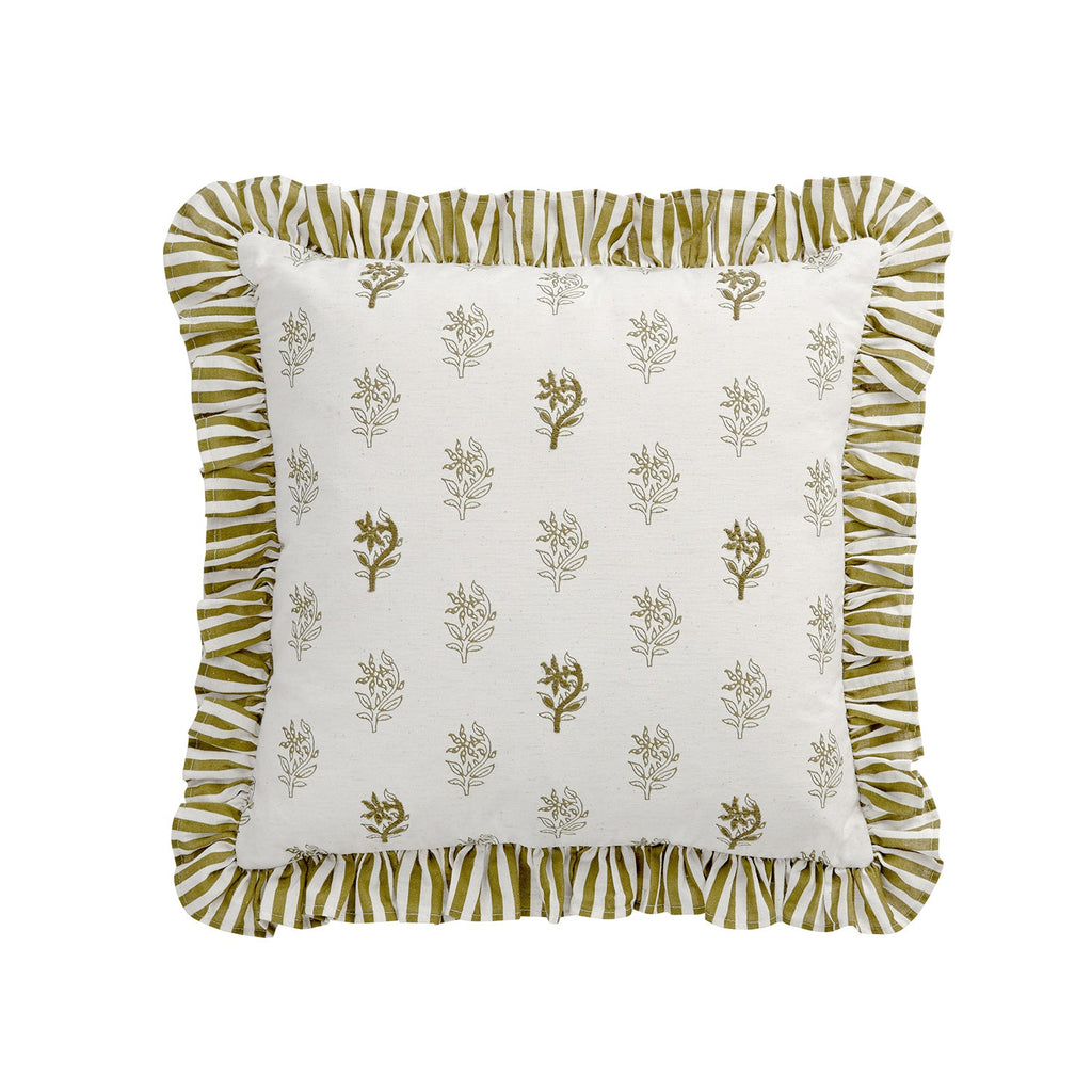 Darcy Floral Olive Green Embroidered Ruffle Linen Blend Cushion