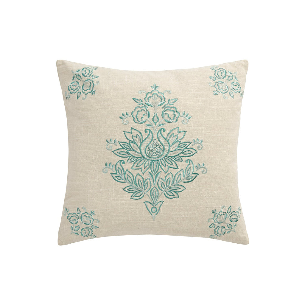 Isadora Teal Damask Embroidered Cotton Cushion
