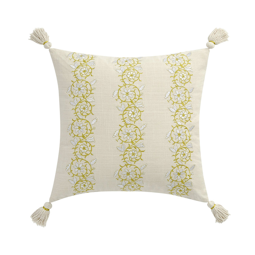 Jasmina Cream Floral Embroidered Linen Blend Tassel Cushion
