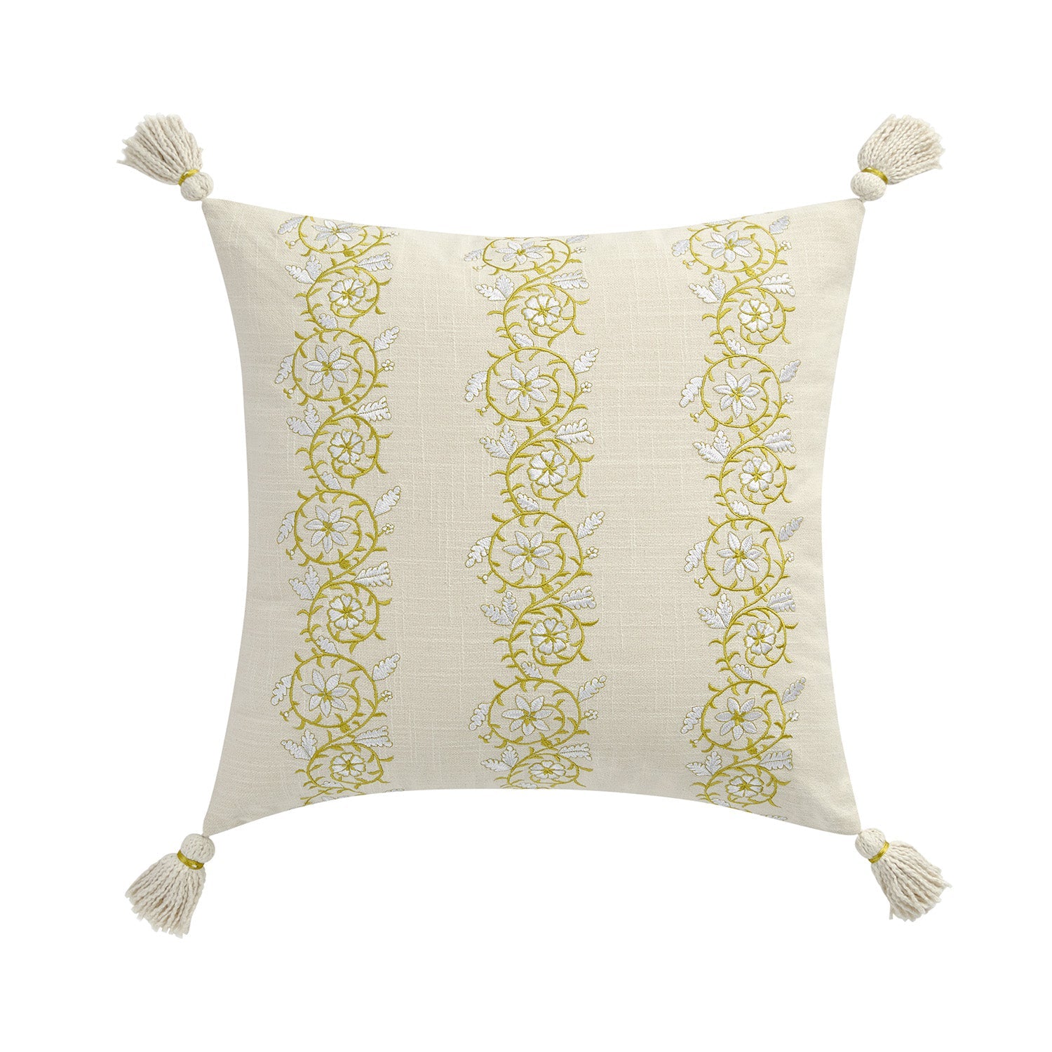 Jasmina Cream Floral Embroidered Linen Blend Tassel Cushion