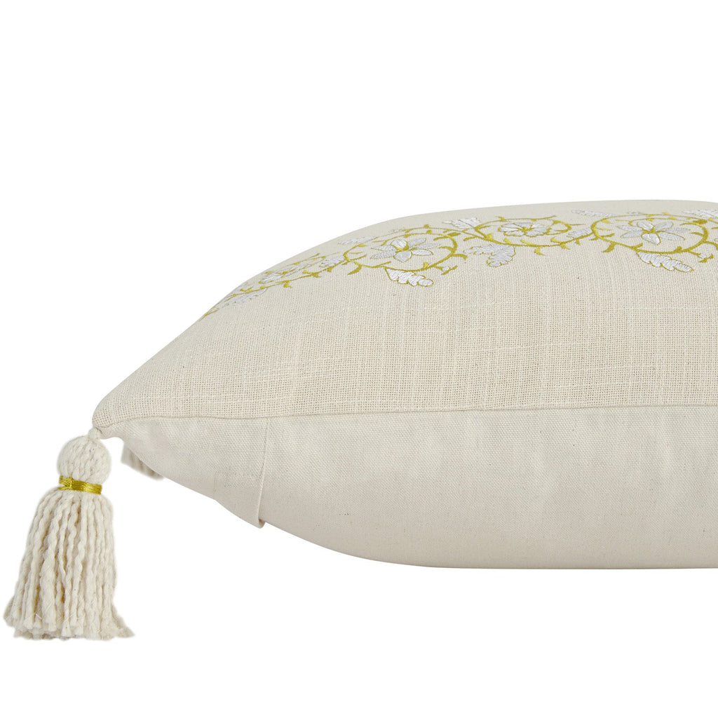 Jasmina Cream Floral Embroidered Linen Blend Tassel Cushion