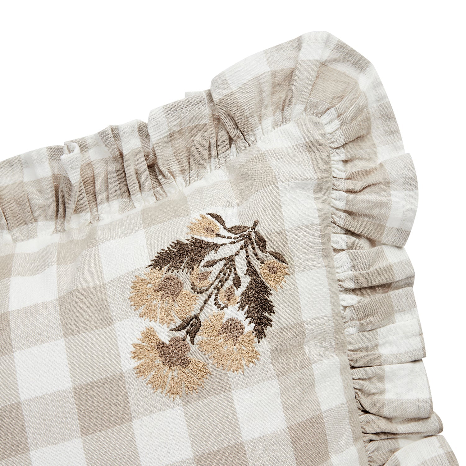 Matilda Beige Gingham Ruffle Floral Embroidered Linen Blend Cushion