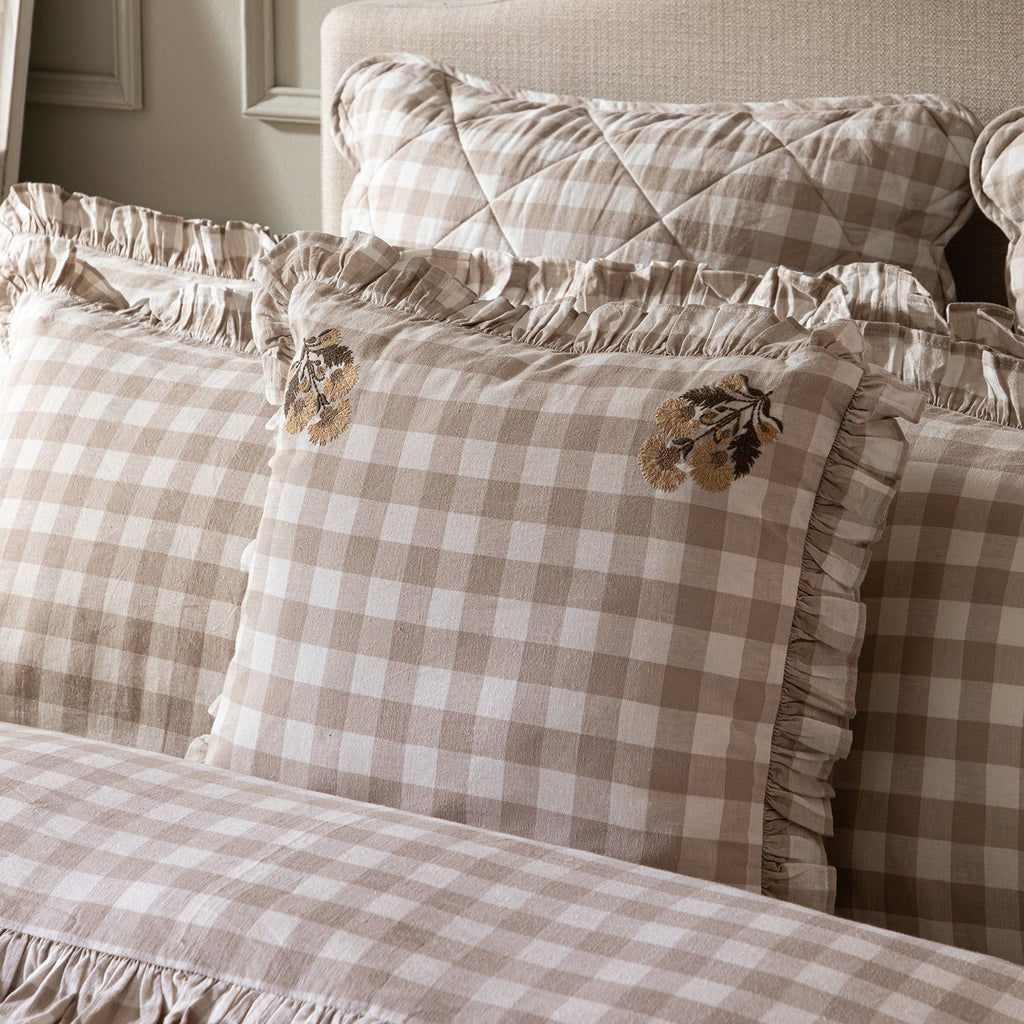Matilda Beige Gingham Ruffle Floral Embroidered Linen Blend Cushion