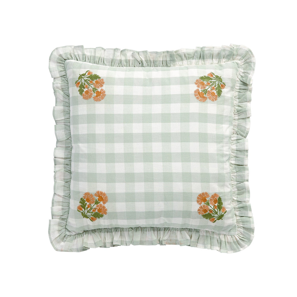 Matilda Sage Green Gingham Ruffle Floral Embroidered Linen Blend Cushion