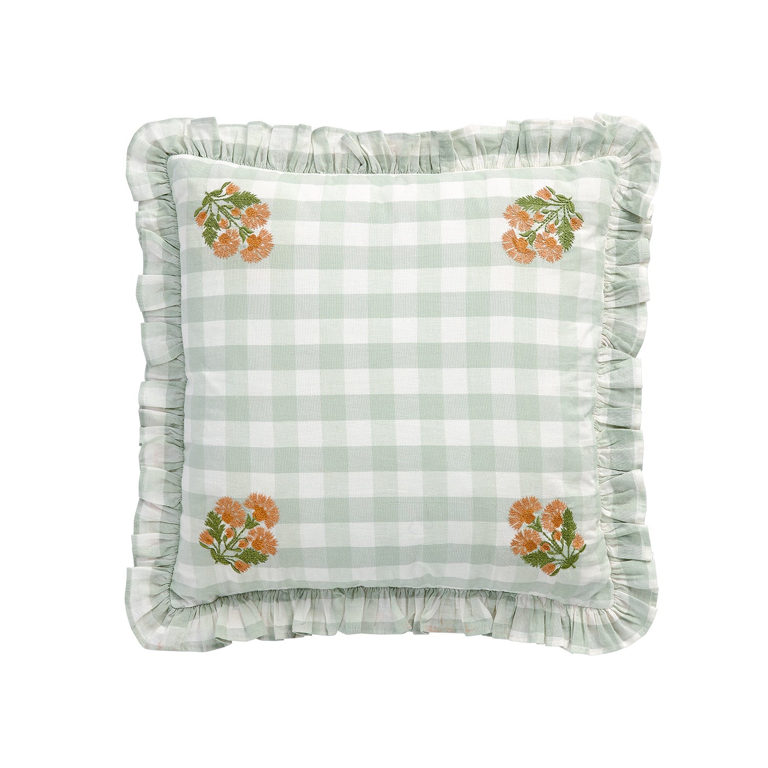 Matilda Sage Green Gingham Ruffle Floral Embroidered Linen Blend Cushion