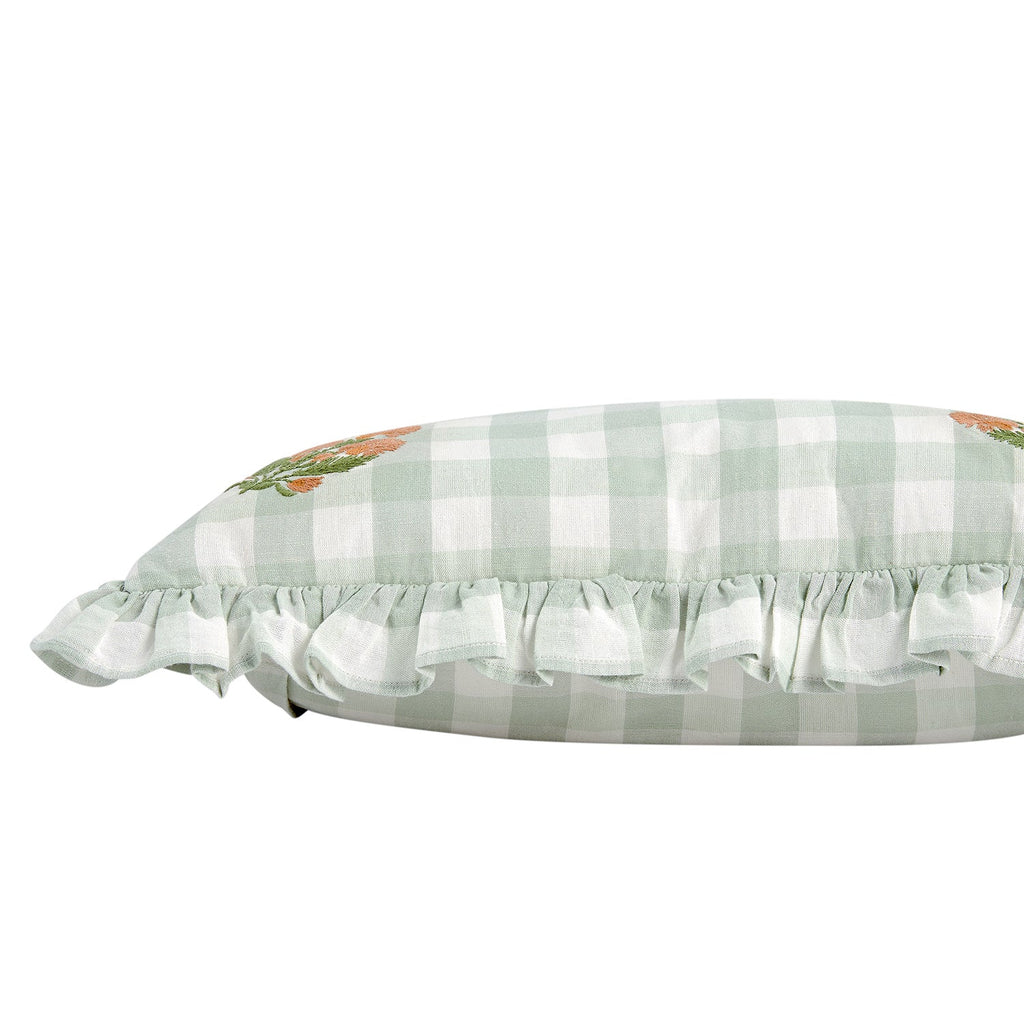 Matilda Sage Green Gingham Ruffle Floral Embroidered Linen Blend Cushion