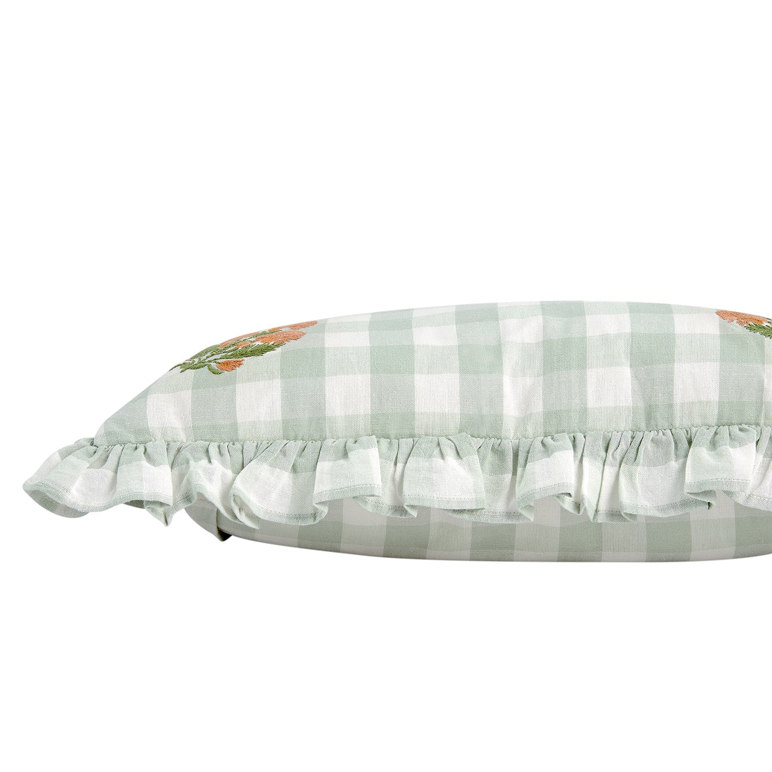 Matilda Sage Green Gingham Ruffle Floral Embroidered Linen Blend Cushion