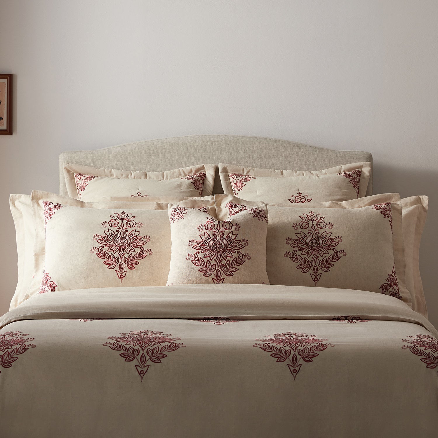 Isadora Garnet Red Damask Embroidered Cotton Cushion