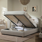 Egerie Curved Headboard Light Taupe Striped Fabric Ottoman Storage Bed