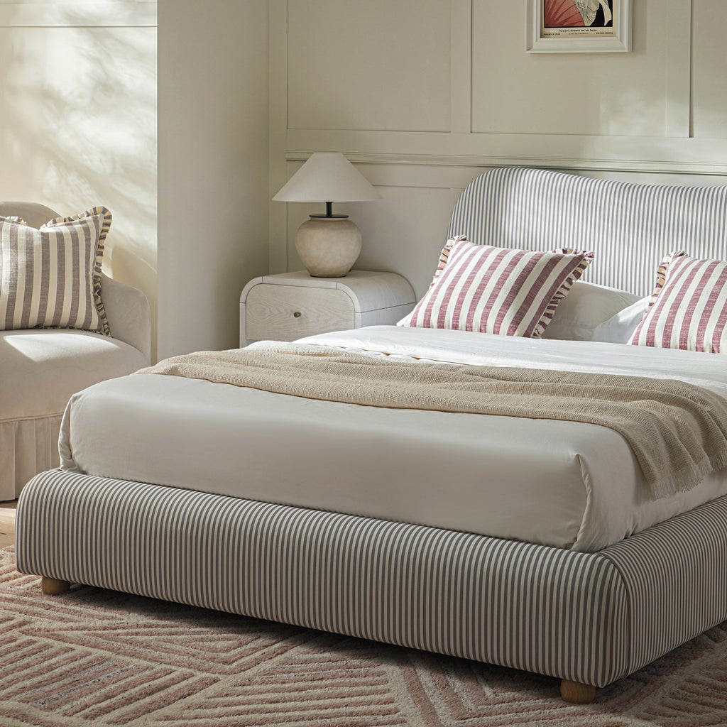 Egerie Curved Headboard Light Taupe Striped Fabric Ottoman Storage Bed