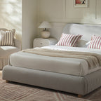 Egerie Curved Headboard Light Taupe Striped Fabric Ottoman Storage Bed