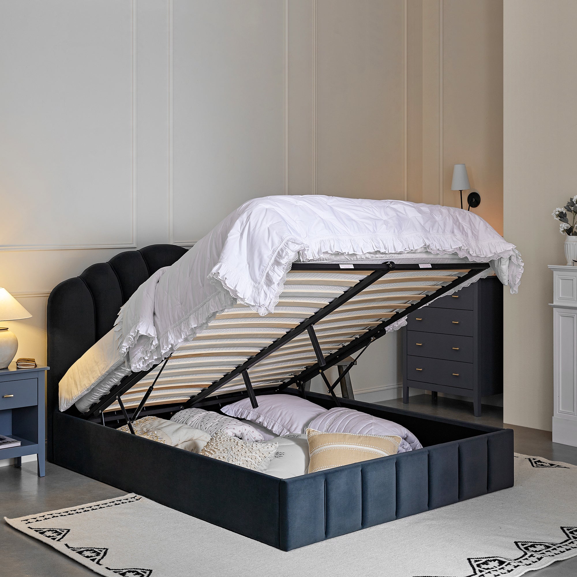 Hana Ottoman Storage Bed, Aegean Blue Velvet