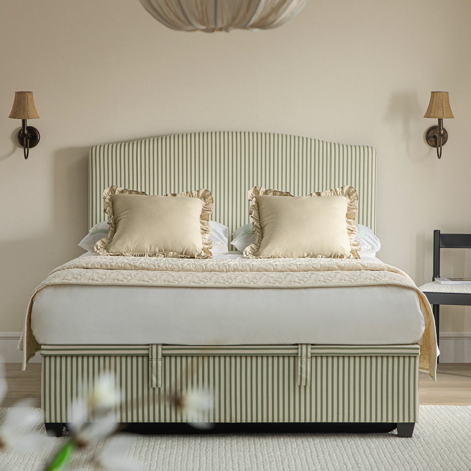 Chilworth Upholstered Ottoman Storage Bed, Green Stripe Linen Blend