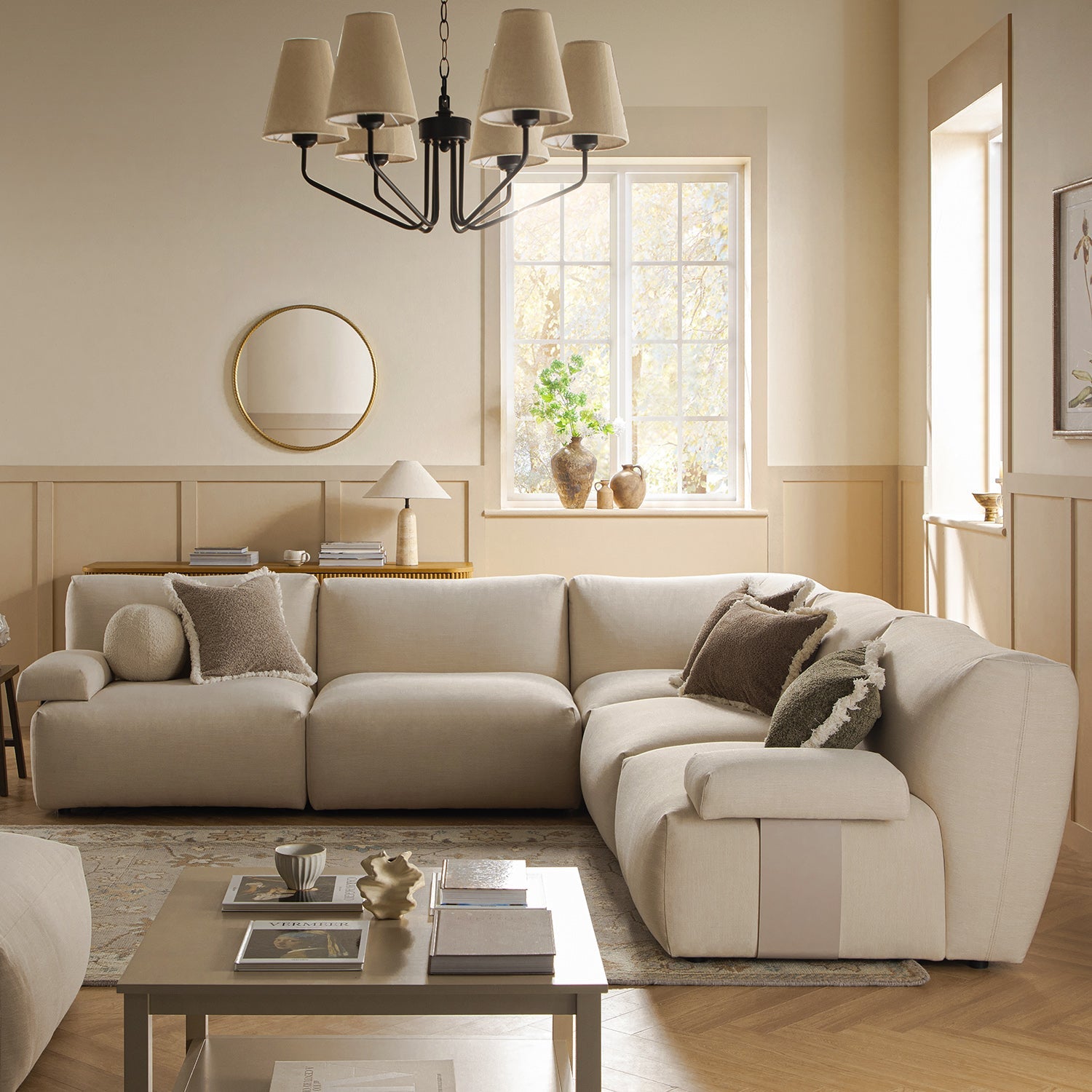 Carlyle Beige Cotton Blend Modular Sofa, Large Corner Set