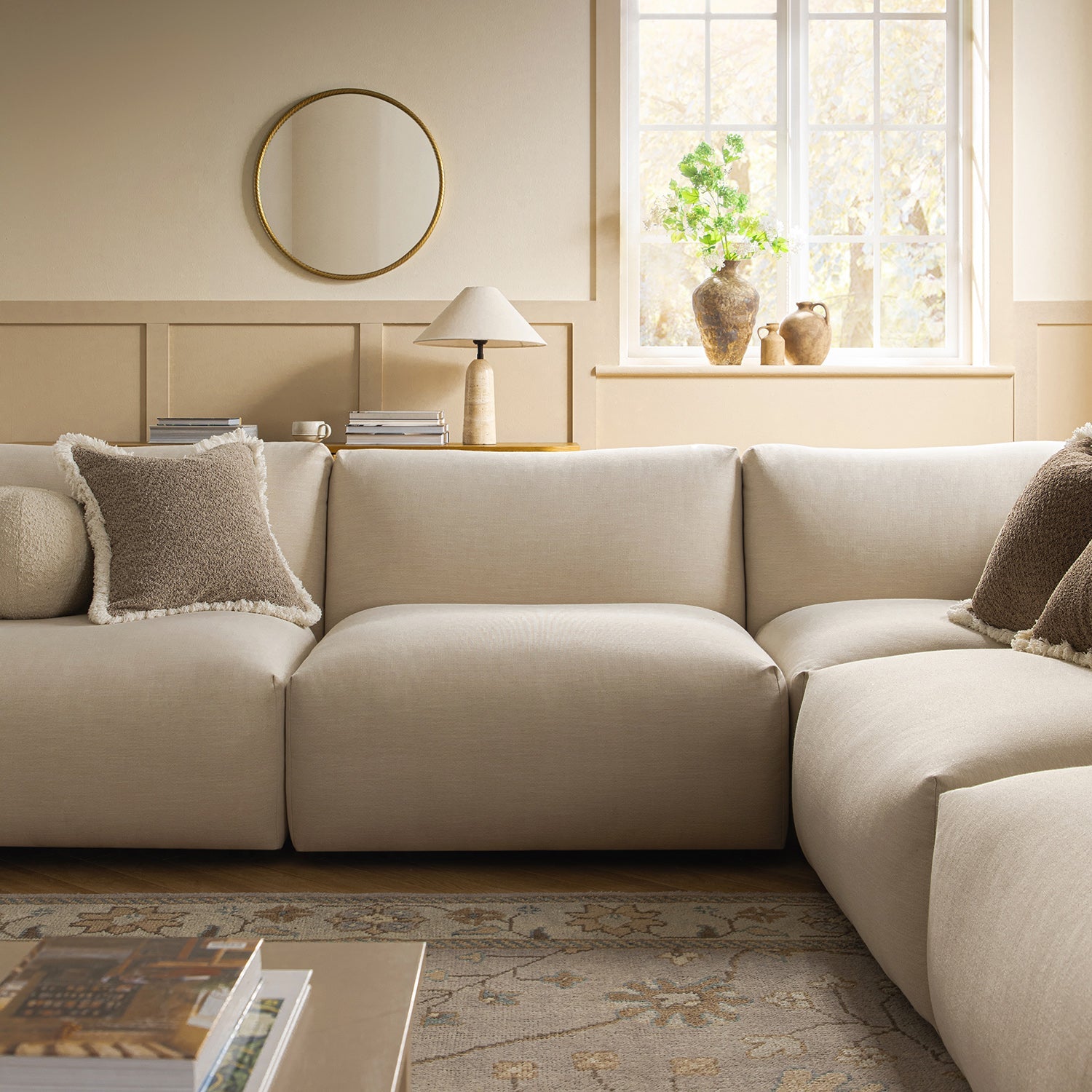 Carlyle Beige Cotton Blend Modular Sofa, Large Corner Set