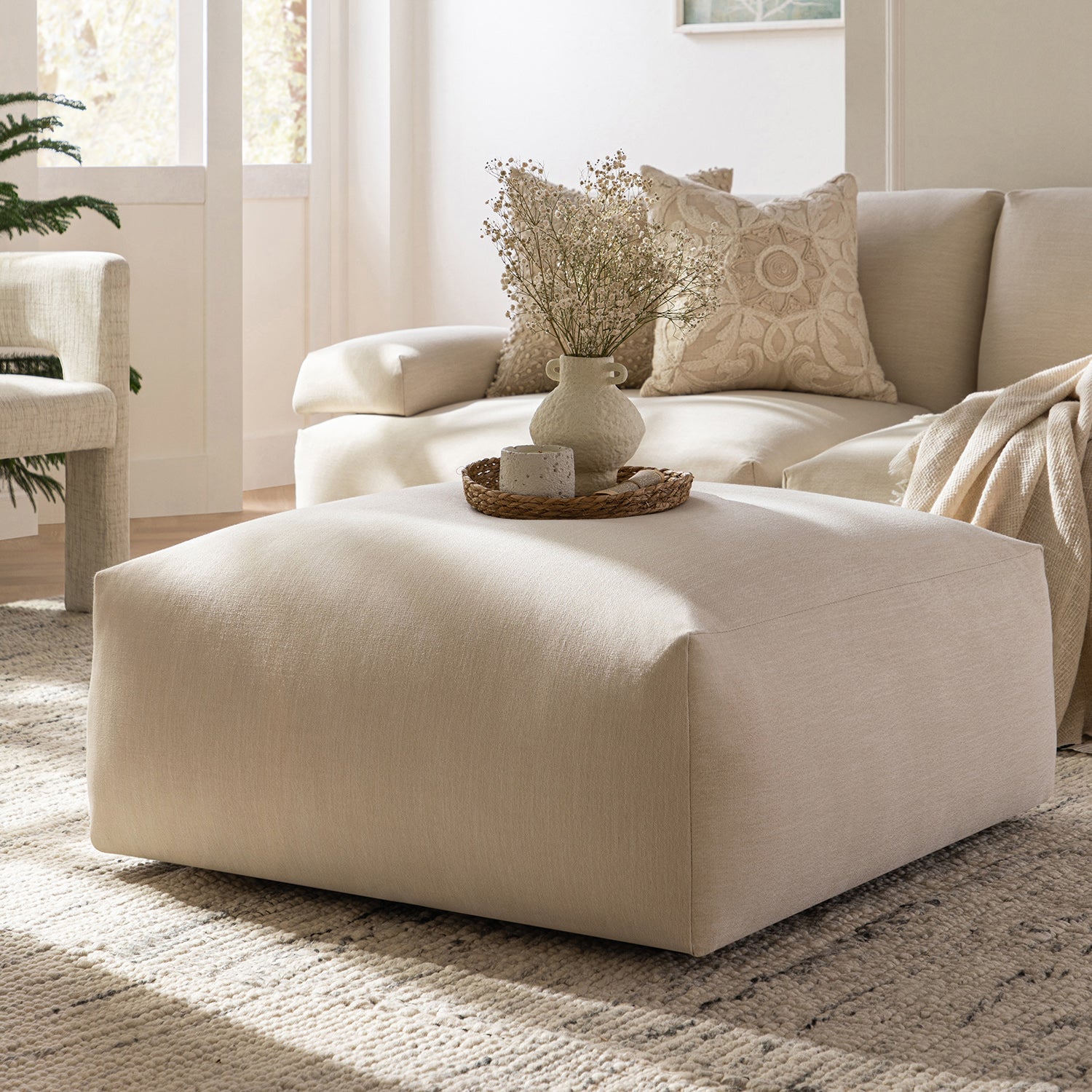 Carlyle Beige Cotton Blend Modular Sofa, Stool